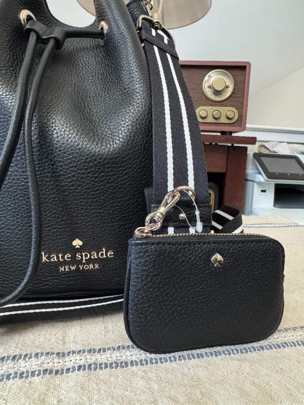 Kate Spade New York Black Leather Bucket Bag + Matching Zip Coin Pouch | Pebbled